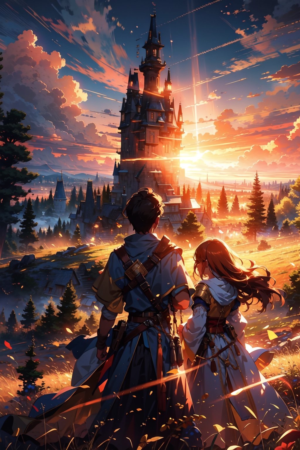 1girl, 1boy, beautiful landscape, sunset, plain, girl and boy watching at sunset, beautiful clouds, beautiful sky, detailed image, beautiful trees, stunning image, perfect use of light, ballad lighting, wind, castle in the distance, medieval aesthetics 