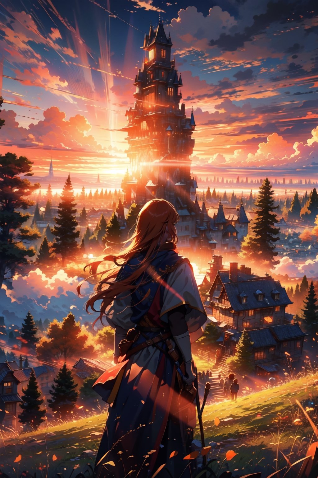 1girl, 1boy, beautiful landscape, sunset, plain, girl and boy watching at sunset, beautiful clouds, beautiful sky, detailed image, beautiful trees, stunning image, perfect use of light, ballad lighting, wind, castle in the distance, medieval aesthetics 