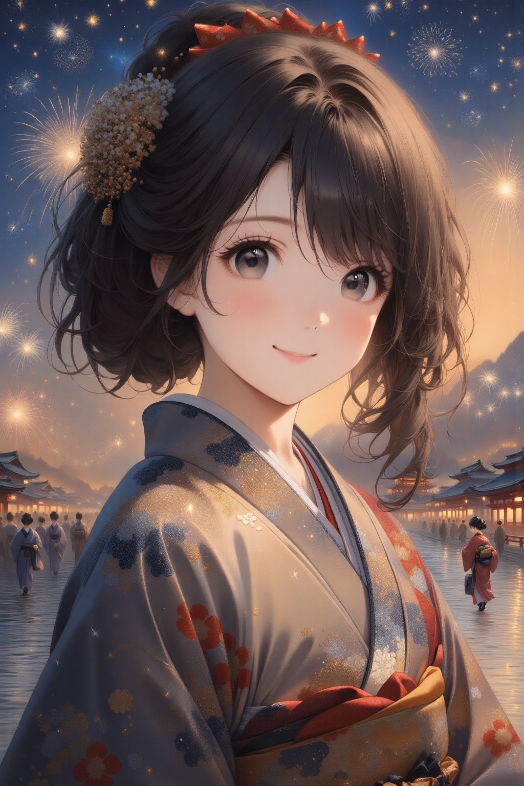 1girl, fine art parody, looking at viewer, smiling, black eyes, black hair, kimono, fireworks, oil painting style, masterpiece quality, stunning image, starry sky.