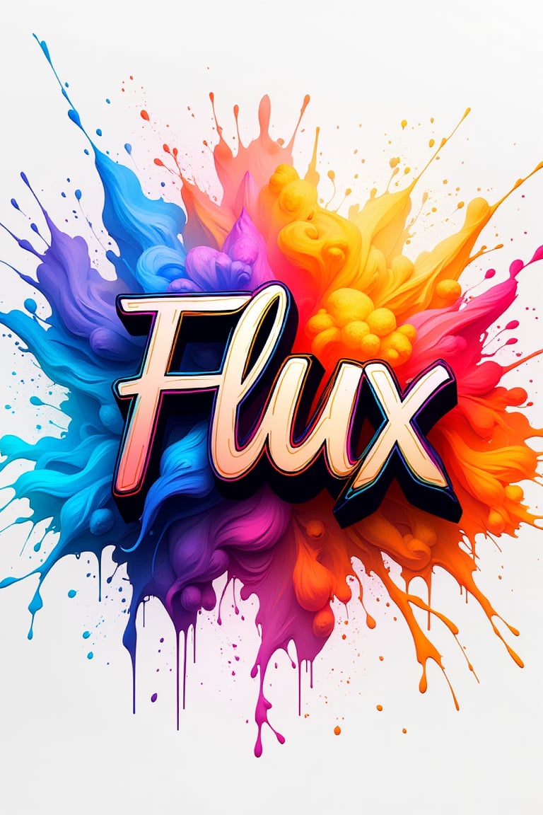 A text, the text is made of colorful ink, colorful ink brushstrokes in background, the text says “Flux” Masterpiece quality, ((masterpiece)), ink explosion in background, ink everywhere, stunning image, Ink art style