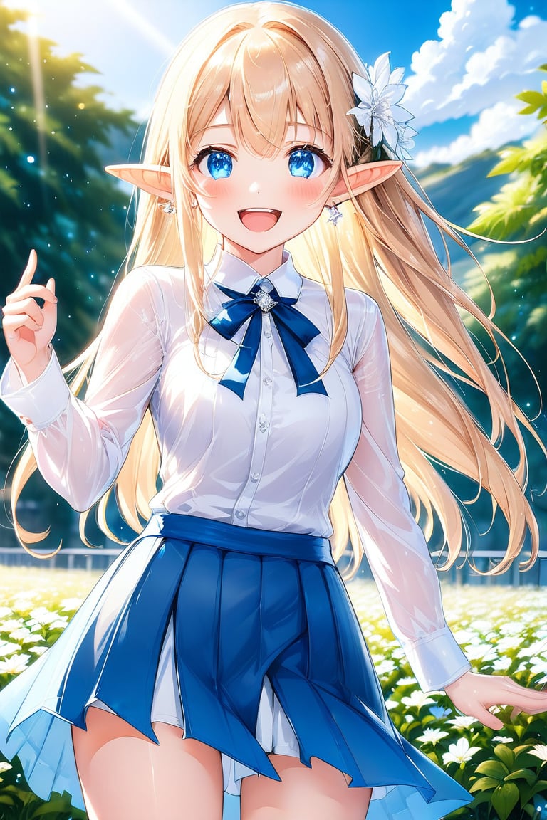 1girl, solo, long hair, breasts, looking at viewer, blush, smile, open mouth, bangs, blue eyes, skirt, blonde hair, shirt, long sleeves, jewelry, medium breasts, standing, white shirt, braid, flower, :d, thighs, earrings, outdoors, day, pointy ears, hand up, blue skirt, see-through, white flower, elf, see-through sleeves, blurry background, ((masterpiece: 1.2)), light particles, stunning image, Anime style.