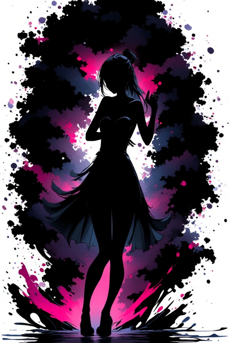 silhouette of an anime girl, ink brushstrokes in background, looking at viewer, dancing pose, ink rain, stunning image, ink smoke, digital art, professional style, ((masterpiece quality: 2)), ink droplets, attractive image.,INK,Ink art