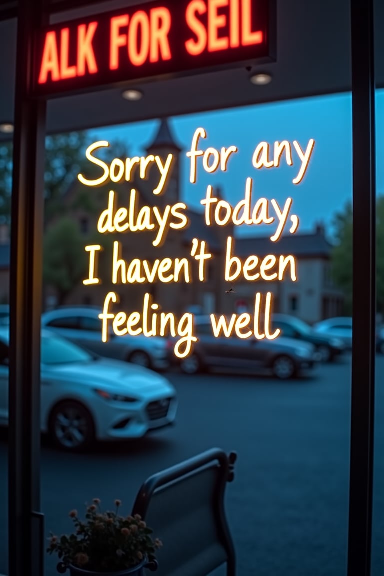 A transparent sign with neon lettering reads “Sorry for any delays today, I haven't been feeling well”.