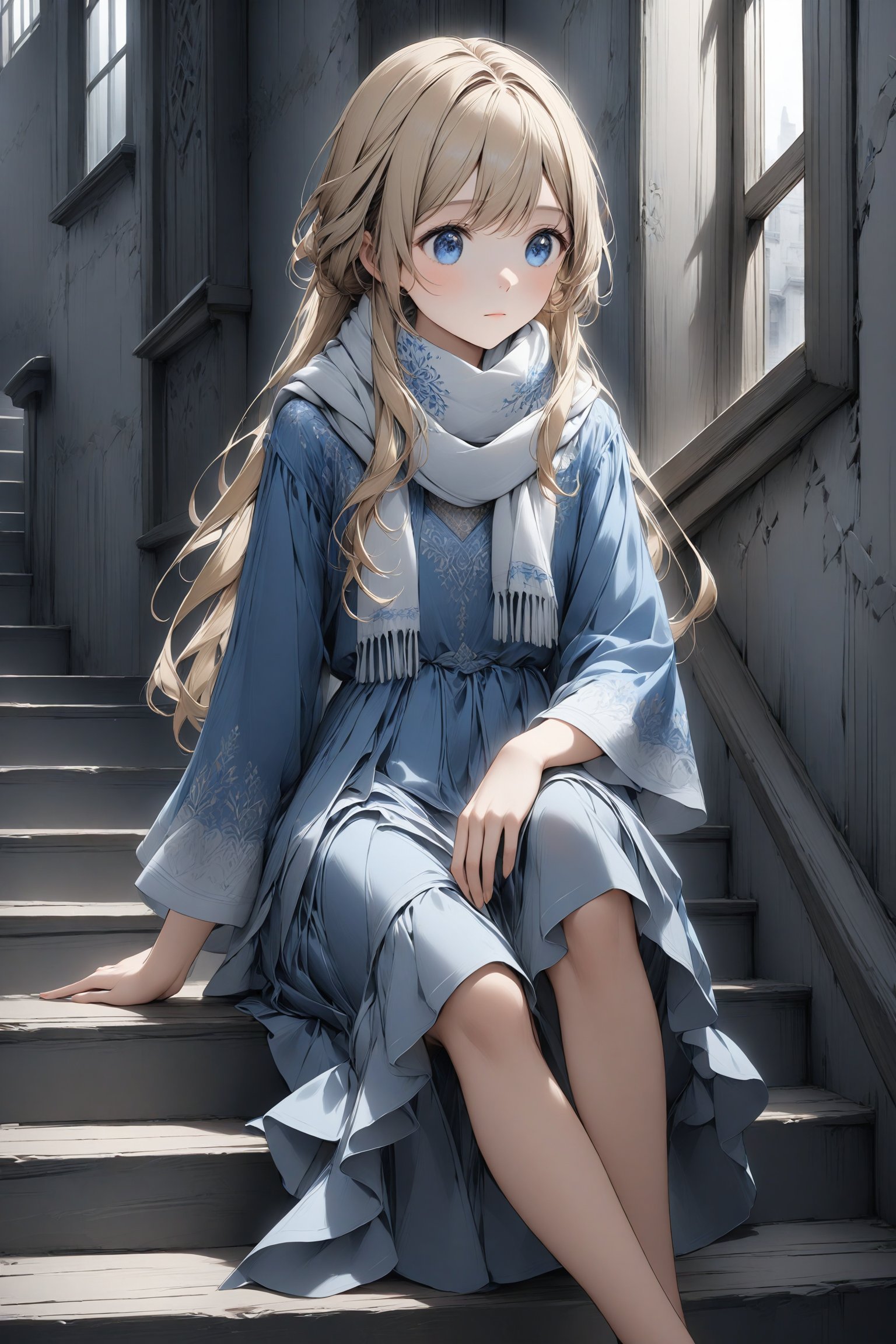 An animated image of a woman in a blue dress sitting on a set of stairs. The woman has long blonde hair and blue eyes. She is wearing a white scarf around her neck. The stairs she is sitting on are made of gray wood. There is a window to the left of the woman. The wall behind the woman is blue and has a design on it.