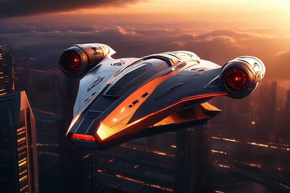 High detailed, realistic photo of starship, flying over a futuristic city, front view, sunset, 8k, stunning image, realistic textures, cinematic scene, ((masterpiece: 2)), light particles, 
ek_ph0t0_b00ster,ek_real_b00ster,ek_art_b00ster,ek_raz0r_cre5t,ek_rcr3ar