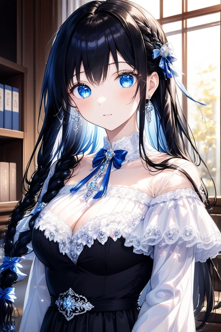 1girl, solo, long hair, breasts, looking at viewer, bangs, blue eyes, black hair, long sleeves, dress, jewelry, very long hair, closed mouth, braid, earrings, frills, indoors, wide sleeves, white dress, black dress, blurry background, ((masterpiece: 1.2)), light particles, stunning image, Anime style.