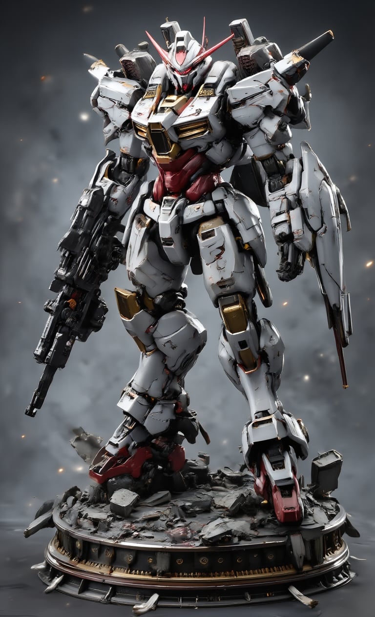 A masterpiece, a plastic model, a robot figurine stands majestically on a pedestal strewn with large and small debris, equipped with a large Gatling gun and a shield. The robot is painted in a white and red color scheme to show damage. The magnificent textures of the stunning 3D rendering are enhanced by some metallic textures. The blurred background and soft lighting make the subject stand out even more.,resin,real robot,epic mecha