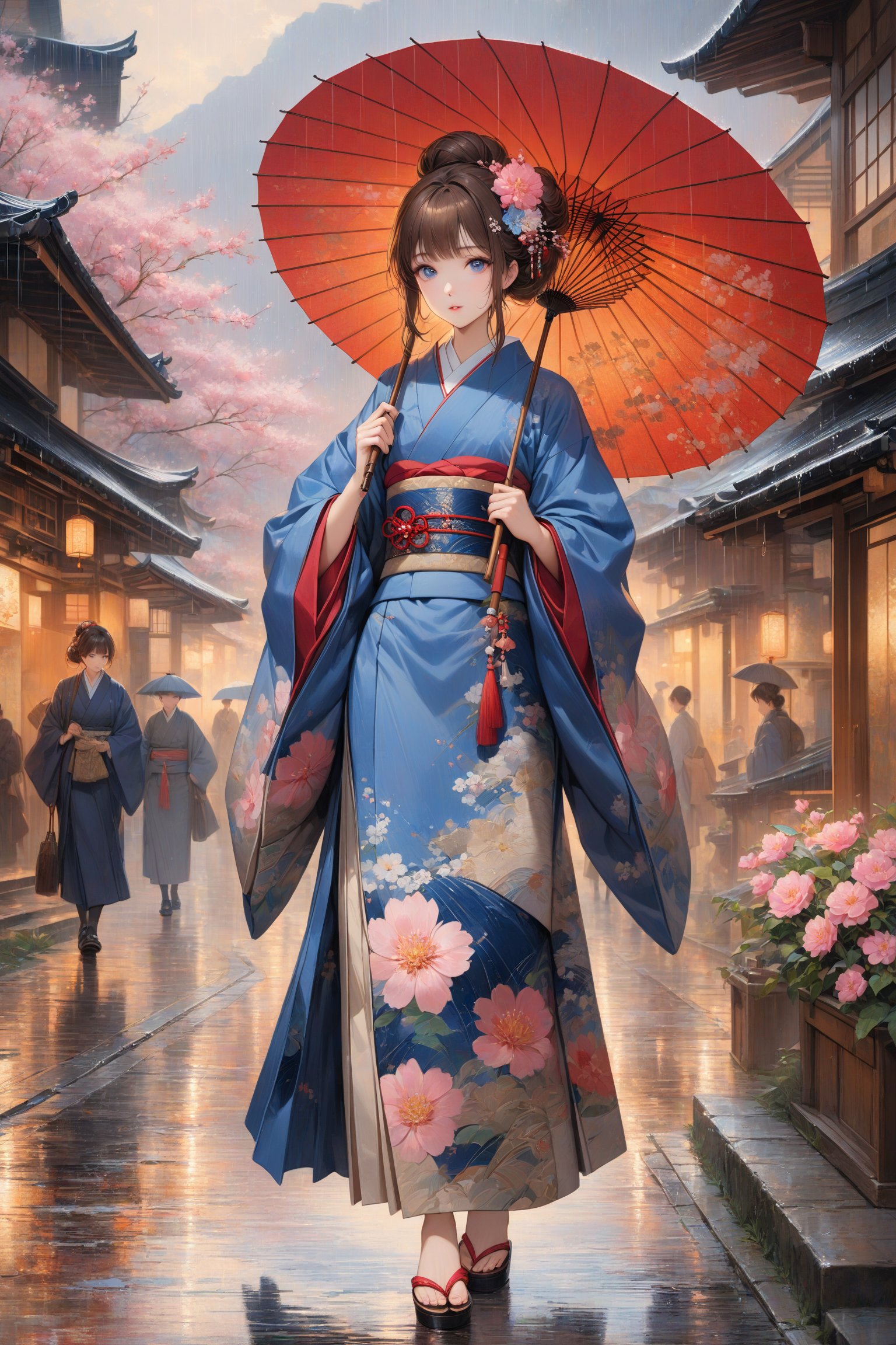 1girl, solo, looking at viewer, fine art parody, oil painting, bangs, blue eyes, brown hair, hair ornament, long sleeves, holding, jewelry, full body, flower, sidelocks, outdoors, parted lips, japanese clothes, hair flower, wide sleeves, kimono, necklace, one elegant hair bun, sash, umbrella, obi, floral print, pink flower, rain, holding umbrella, blue kimono, oil-paper umbrella, stunning image, digital art, professional style, ((masterpiece quality: 2)), close up, attractive image, fine art parody, oil painting style.