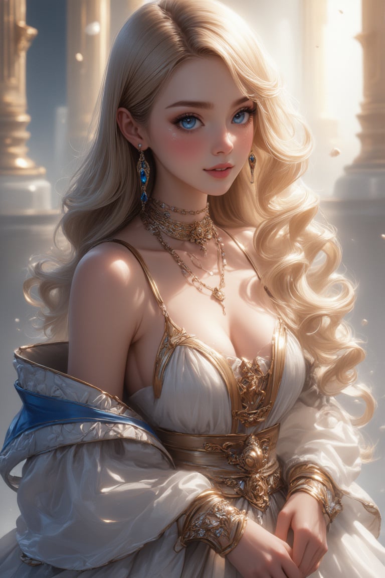 Beautiful girl. Fine art parody, she wears a very luxurious outfit, detailed skin, upper body, looking at viewer, blonde hair, blue eyes. Beautiful background, light particles in background, blurry background, water drop, ((masterpiece: 1.2)), light particles, droplets in background, anime style