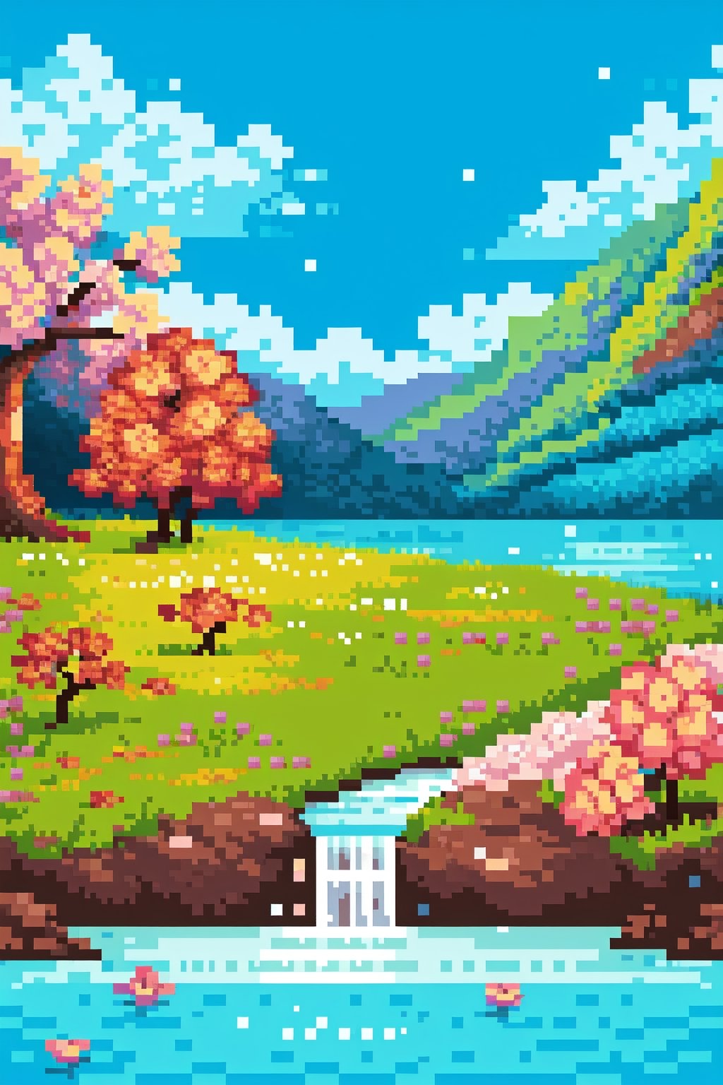 flower, outdoors, sky, day, cloud, water, tree, blue sky, petals, no humans, bird, grass, cherry blossoms, building, scenery, pink flower, mountain, bridge, river, waterfall, landscape, incredibly stunning image,Pixel art,pixel world,Pixel world