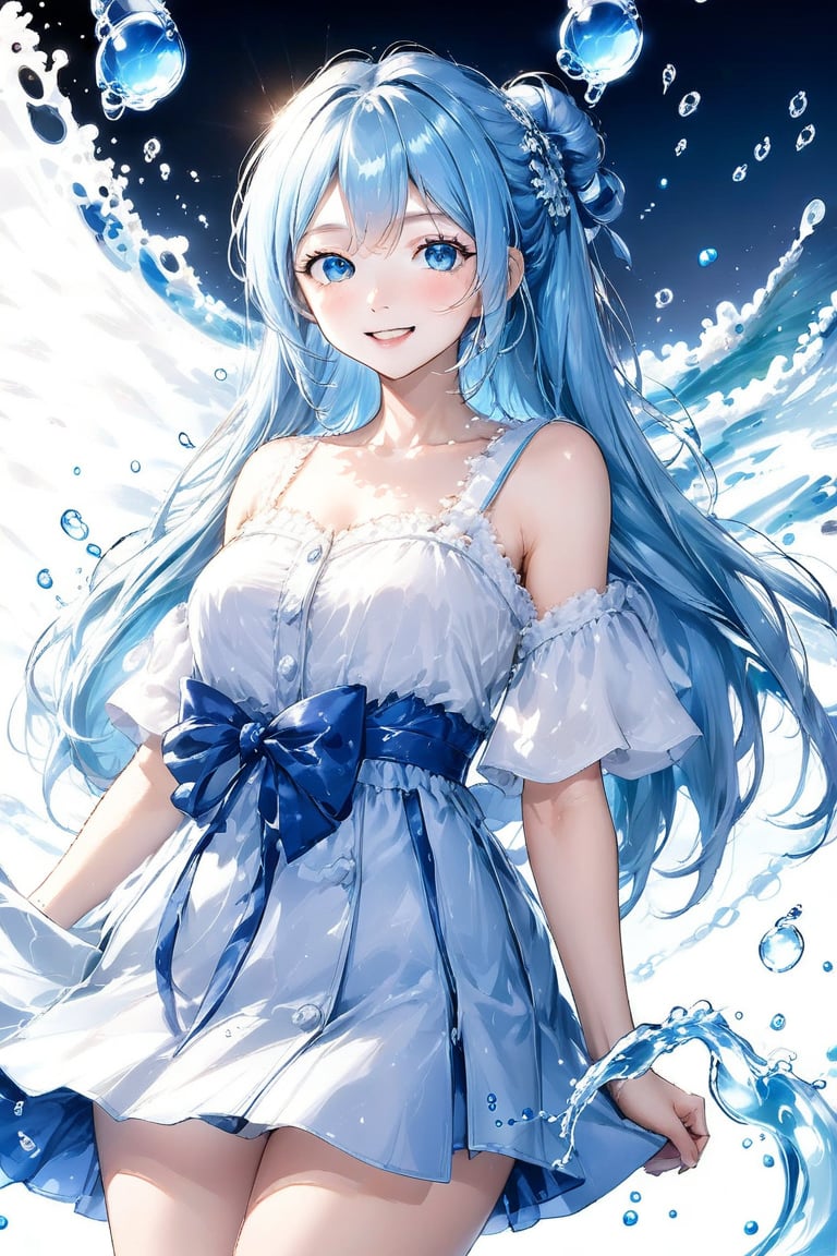 Beautiful girl. She is very charming, she wears a very casual dress. Detailed image, detailed skin, upper body, hands in waist, looking at viewer, charming smile. White background, water drop, ((masterpiece: 1.2)), light particles, ink droplets in background, light blue hair.