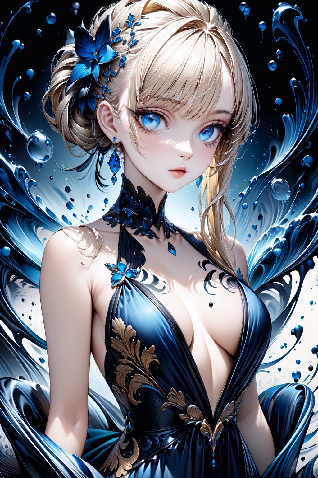 Very Beautiful girl. She is very badass, she wears a very fancy evening dress, looking at viewer, detailed image, detailed skin, ((stunning image: 2)), Elegant hairstyle, blue eyes, blonde hair, ink bubbles in background, ink droplets, ((masterpiece: 2)), ink art, ((fine art parody: 1.5)), Beautiful Eyes, Beautiful eyes