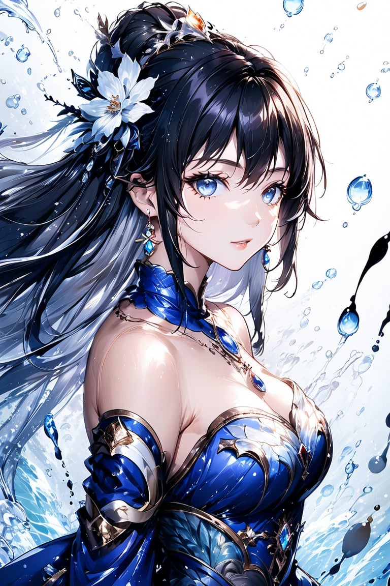 Beautiful anime girl. She is very badass, she wears a very luxurious outfit. detailed image, detailed skin, upper body, looking at viewer. White background, water drop, ((masterpiece: 1.2)), light particles, ink droplets in background. Anime style