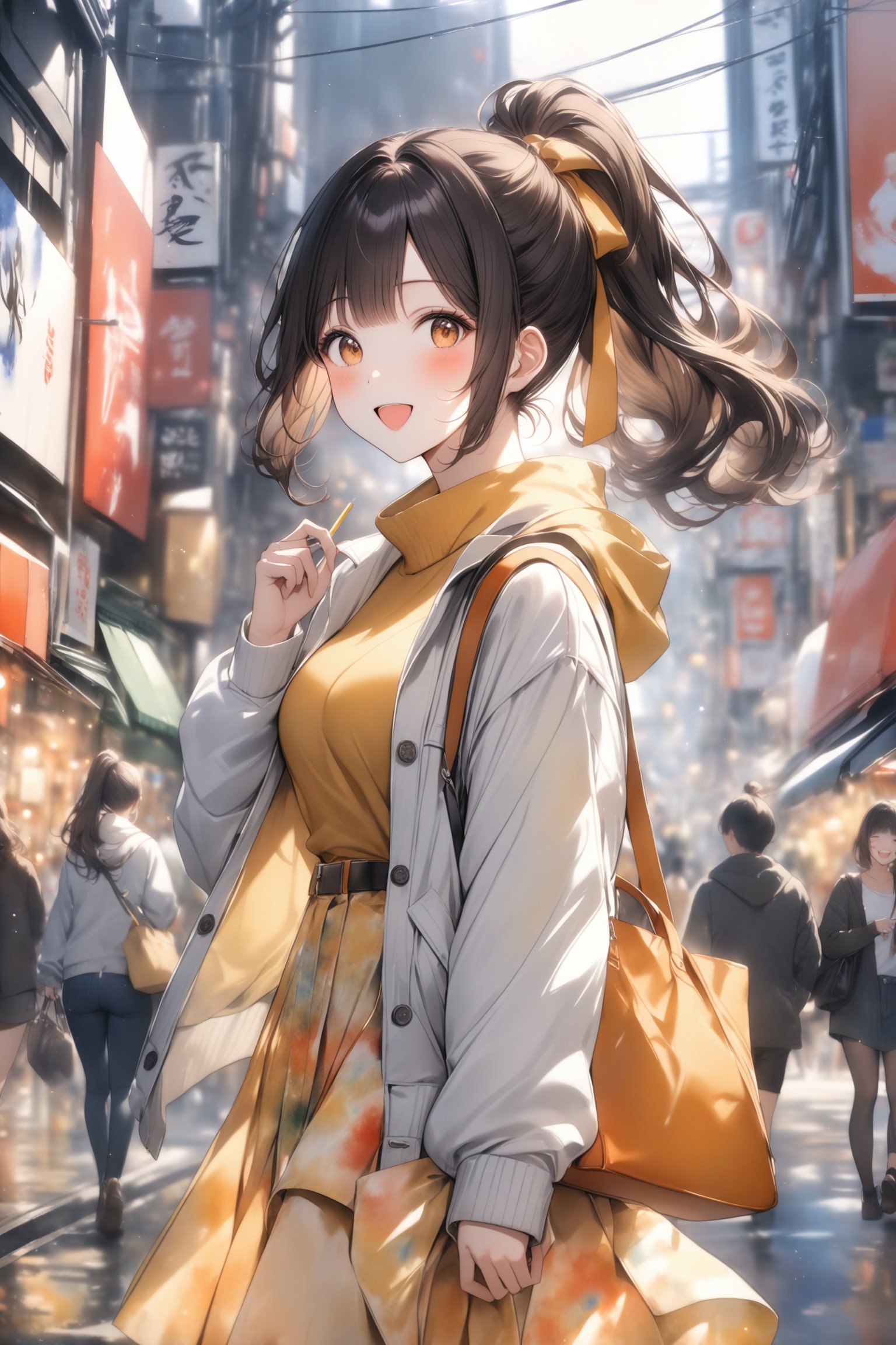 1girl, very beautiful girl, smiling open mouth, happy, ponytail hairstyle, long hair, himecut hairstyle, mask, casual outfit, Tokyo, watercolor splashes, masterpiece quality, stunning image, masterpiece, 8K, stunning image, light particles, attractive image, reflections, watercolor \(medium\)