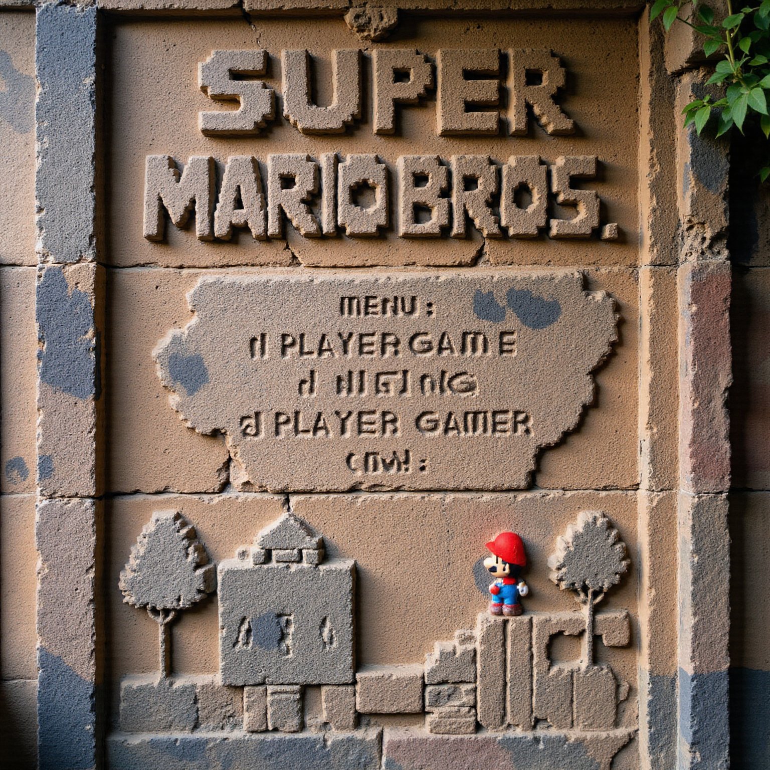 Ancient stone wall carving depicting the title screen of Super Mario Bros. for Nintendo Entertainment System. Intricate bas-relief sculpture with impressive detail. 

Central focus: "SUPER MARIO BROS." title logo chiseled in large, bold letters, mimicking the pixelated font. Nintendo copyright notice etched below.

Top section: Carved representations of "MARIO", score, coin icon, "WORLD", and "TIME" indicators.

Menu options "1 PLAYER GAME" and "2 PLAYER GAME" engraved below the title.

Bottom of carving: Iconic first level scene with Mario standing on brick blocks. Carved bushes and hills in background.

Weathered stone texture with slight discoloration and cracks for an aged appearance. Traces of faded paint in appropriate colors: reds, blues, greens, and browns.

Soft, indirect lighting highlighting the depth and detail of the carving. Small vines or moss growing in crevices for added ancient ambiance.

Surrounding wall shows other partial gaming-inspired carvings, suggesting a larger mural or temple dedicated to classic video games.,reli3f_style,a stone carving of,Pixel Art