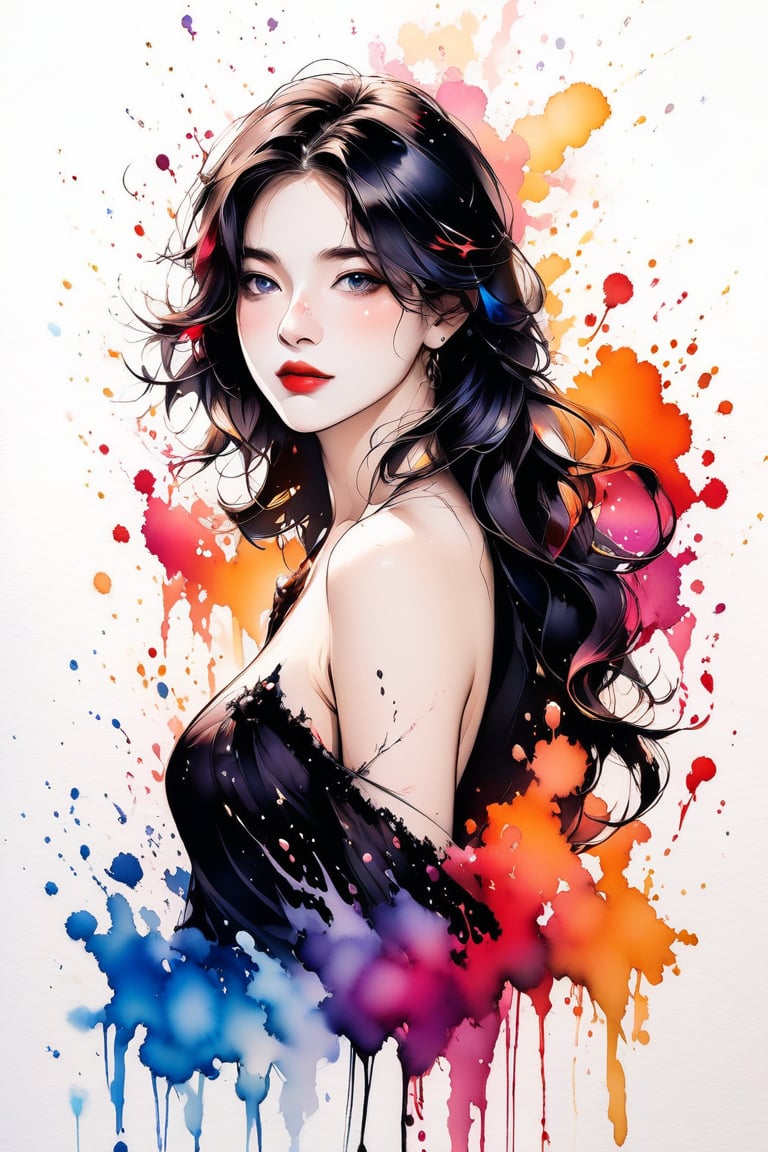 Very beautiful girl, elegant woman, ink droplets, ((colorful: 1.2)), white background, ((masterpiece: 2)), medium shot, bare shoulders, looking at viewer, ((stunning image: 1.5)), Ink art style