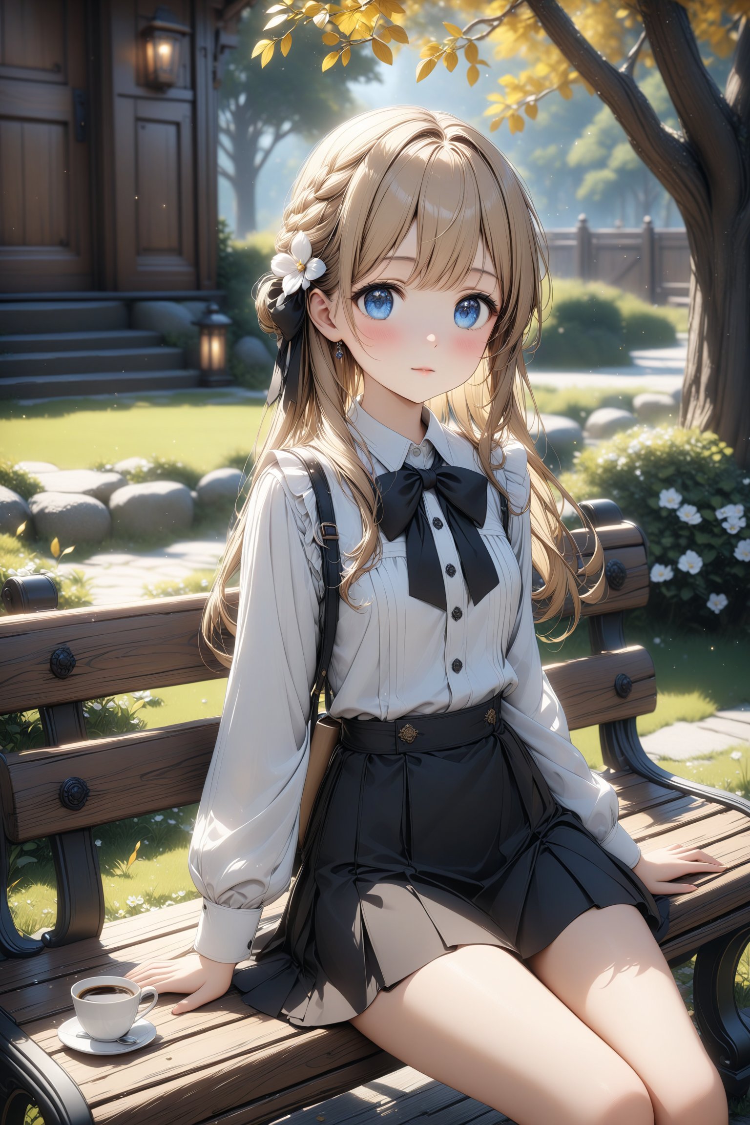 An animated animated girl with long blonde hair and blue eyes is sitting on a wooden bench. She is wearing a short black skirt with a white shirt and a black bow tie. There is a small white cup of coffee on the bench in front of her. Behind her is a green lawn with small white flowers on it. A tree with yellow leaves is on the left side of the bench. Behind the tree is a wooden door with a black handle. Blurry background, detailed image, detailed skin, stunning image, 8k, proffesional style, luxurious room in background, ((masterpiece: 1.2)), light particles. Masterpiece, stunning image, professional style