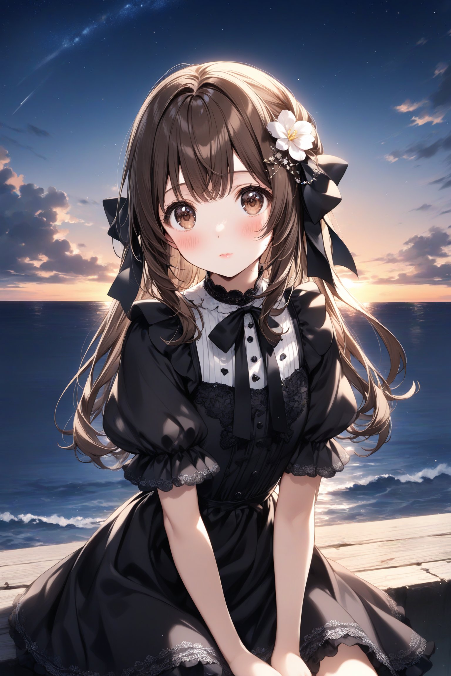 1girl, solo, long hair, looking at viewer, blush, bangs, brown hair, hair ornament, dress, ribbon, brown eyes, jewelry, sitting, closed mouth, hair ribbon, flower, short sleeves, outdoors, sky, puffy sleeves, cloud, hair flower, wide sleeves, medium hair, water, black dress, puffy short sleeves, lips, black ribbon, ocean, star \(sky\), sunset, horizon,Detail