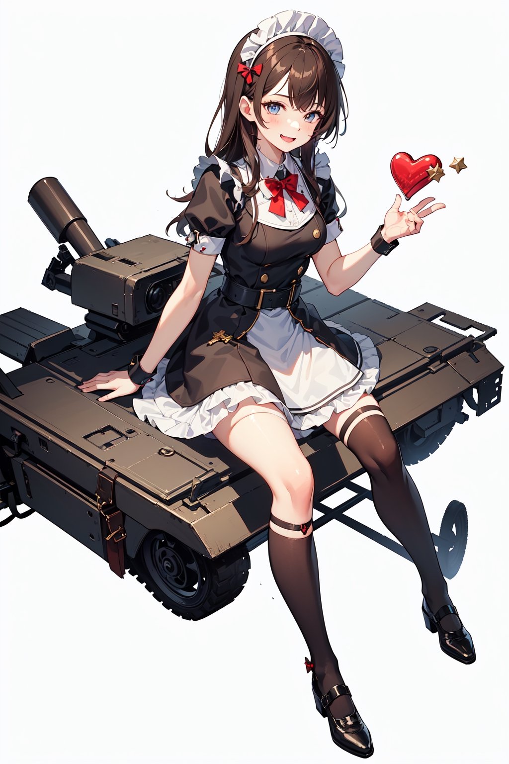 1girl, badsass soldier girl wearing a cute maid uniform. White background. she wears a military maid uniform, militar maid, long brown hair. little body, full body character, wink. masterpiece. she is happy, smiling. Himecut hairstyle, gun, masterpiece, hearts on the sides, tactical maid