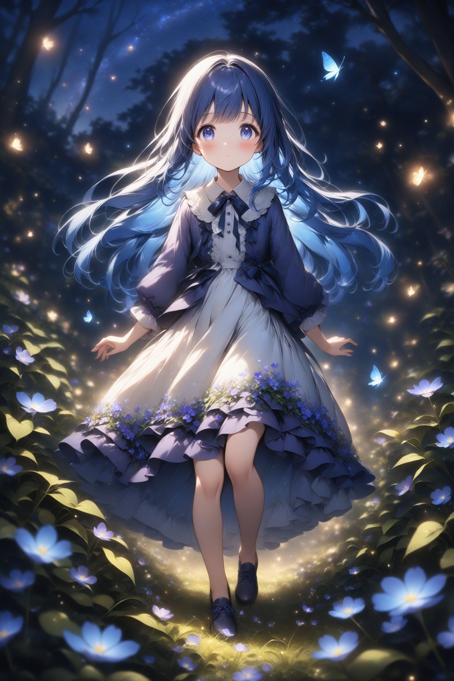 1girl, very beautiful girl, walking in a flower patch, it is night, starry sky, full body, blue hair, blue eyes, no trees, the girl looks around quite astonished, hundreds of purple fireflies come out of the ground, wallpaper quality, light particles, stunning image, the girl is astonished, 8k, professional style, long hair, blurry background.