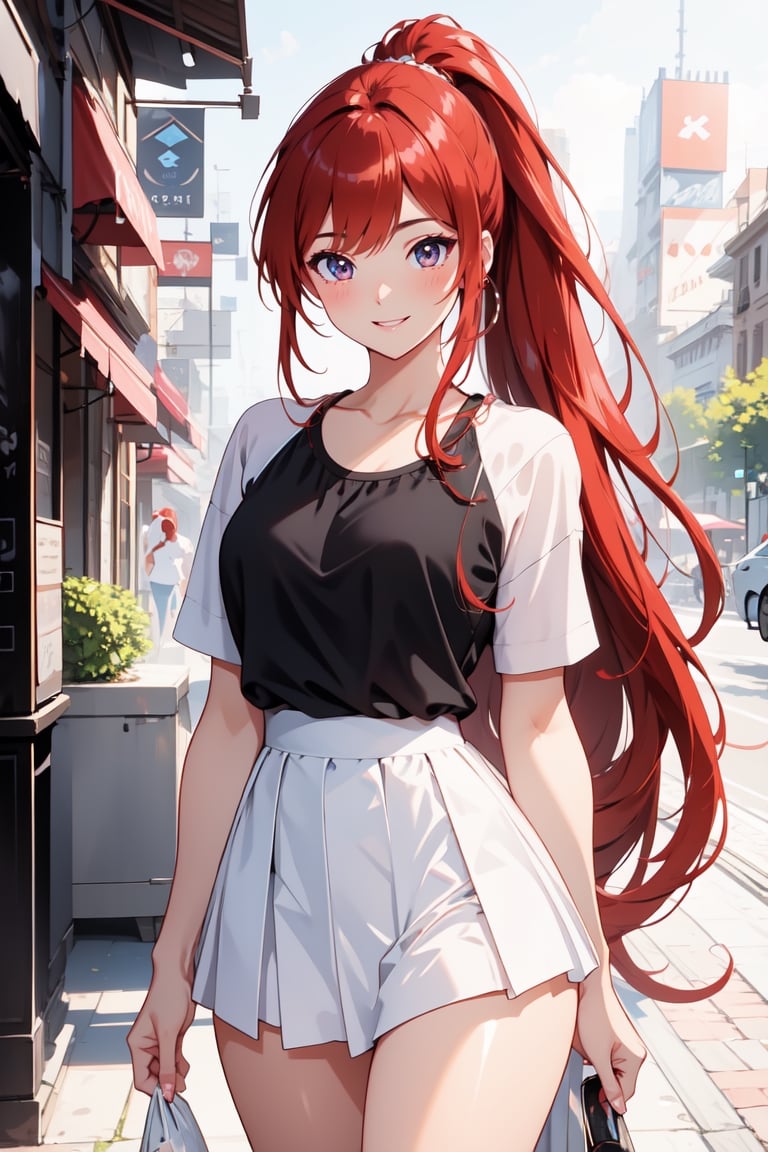 Pretty and beautiful girl. She wears a very fancy summer casual outfit (Black sportswear, white blouse, white tennis). She is a very badass. Hyperdetailing masterpiece, hyperdetailing skin, masterpiece quality, with 4k resolution. Tender gaze. Very long hair, ponytail hairtyle, red hair. Blue eyes. She is smiling. Park in background. beautiful and shiny skin, beautiful and detailed eyes, beautiful and detailed outfit. Detailed hands. Beautiful adbomen. proportional body. City in background.