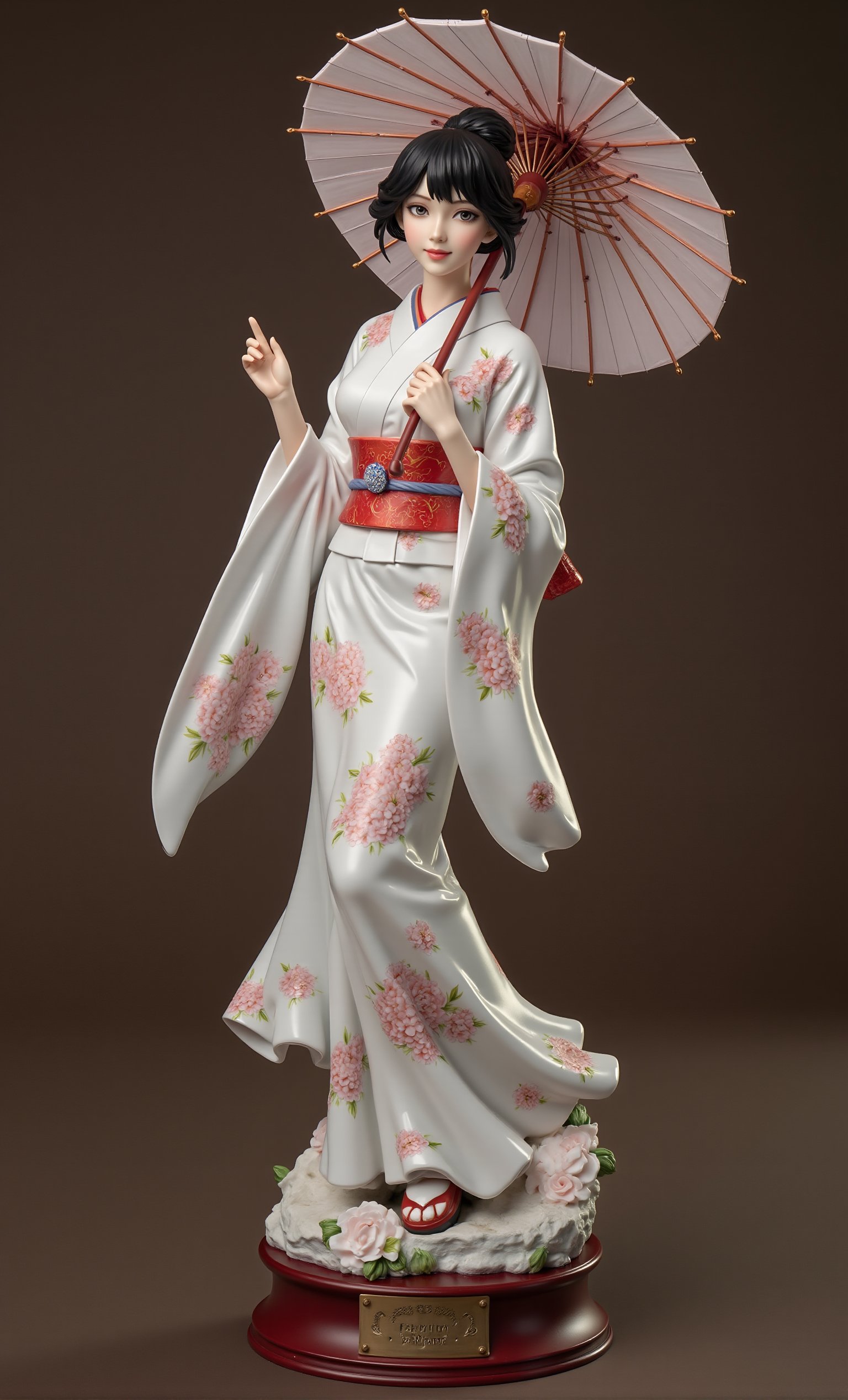 Porcelain figure about a very beautiful girl, black hair, elegant hair bun, black eyes, ((porcelain texture:1)), elegant, full body, obi, dressing kimono, smiling, \(perfect anatomy)\, floral kimono design, highly detailed, is on a pedestal, holding a umbrella, looking at the viewer, masterpiece, 8k, stunning image, on the pedestal is a plaque that reads "Premium Edition." .