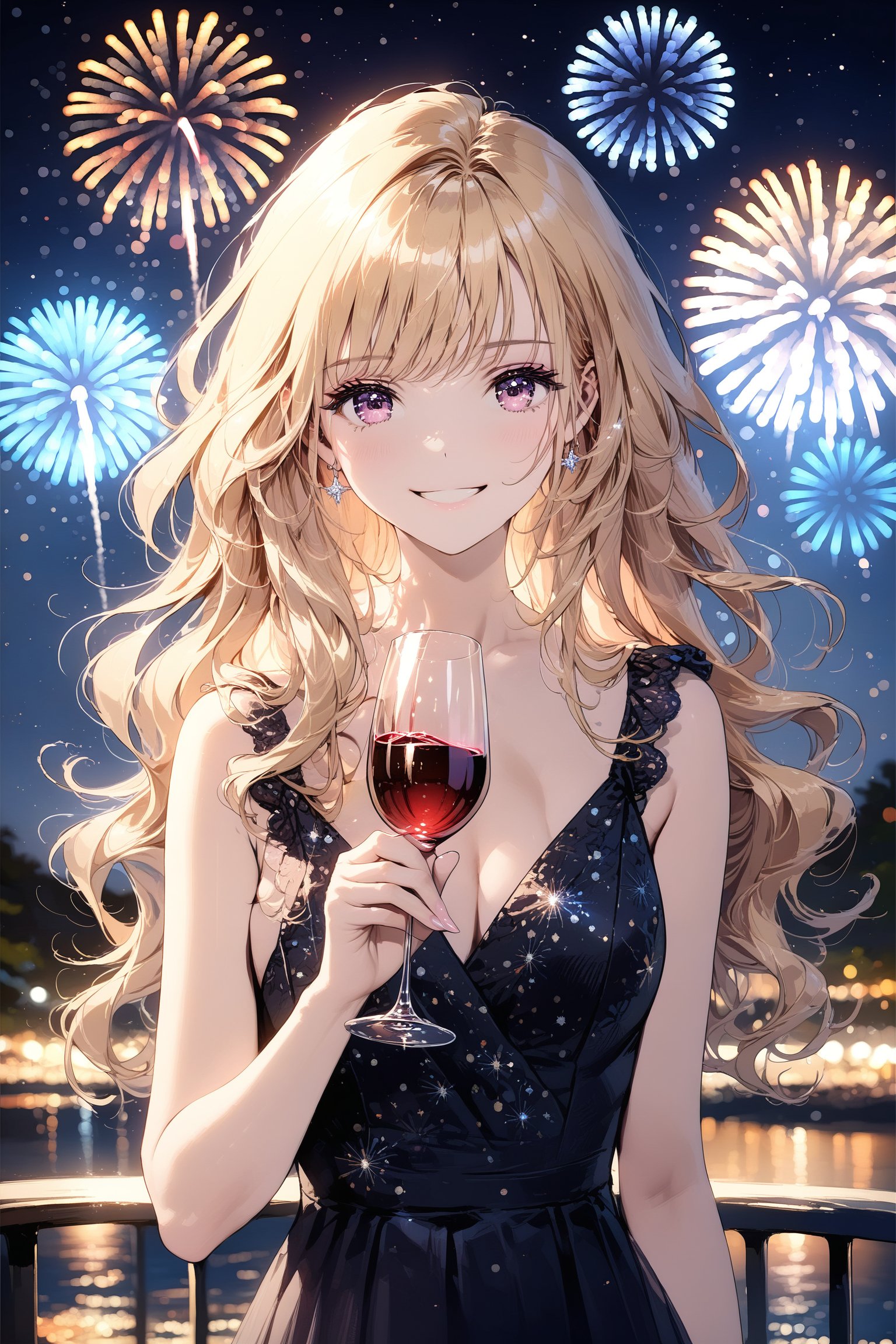 Cute girl, upper body, stunning image, beautiful blonde hair, detailed image, dynamic, modern evening dress outfit, holding a Glass of wine, firework in background, looking at viewer, charming smile, outdoors, night, ((masterpiece: 2)), light particles, extremely beautiful woman.