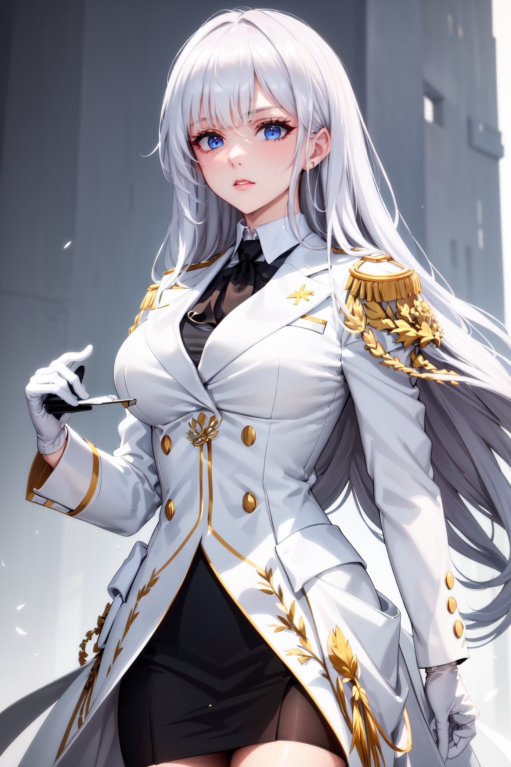 Pretty and intimidating girl. She wears a very elegant black military dress (white shirt, blazer, skirt, white gloves, gold cloth shoulder pad, military plate cap). She is a very elegant and dominant girl. Hyperdetailing masterpiece, hyperdetailing skin, masterpiece quality, with 4k resolution. Long hair, himecut hairstyle, silver hair. Mansion in background. She belongs to the nobility. cold and dominant gaze, masterpiece, best quality, incredibly absurdres. bright blue eyes shining brightly.,incredibly absurdres