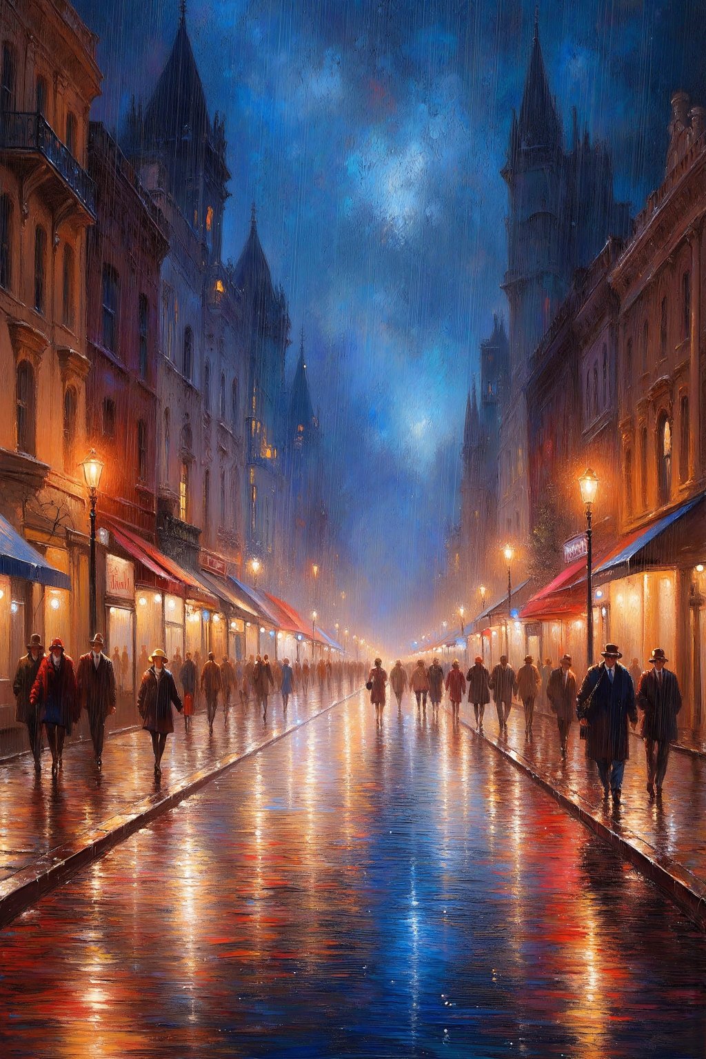 victorian city, road, night time, raining, coloful reflections, reflection, oil painting, masterpiece, stunning image, people walking aaround, expressionism, fine art parody, oil painting style.
