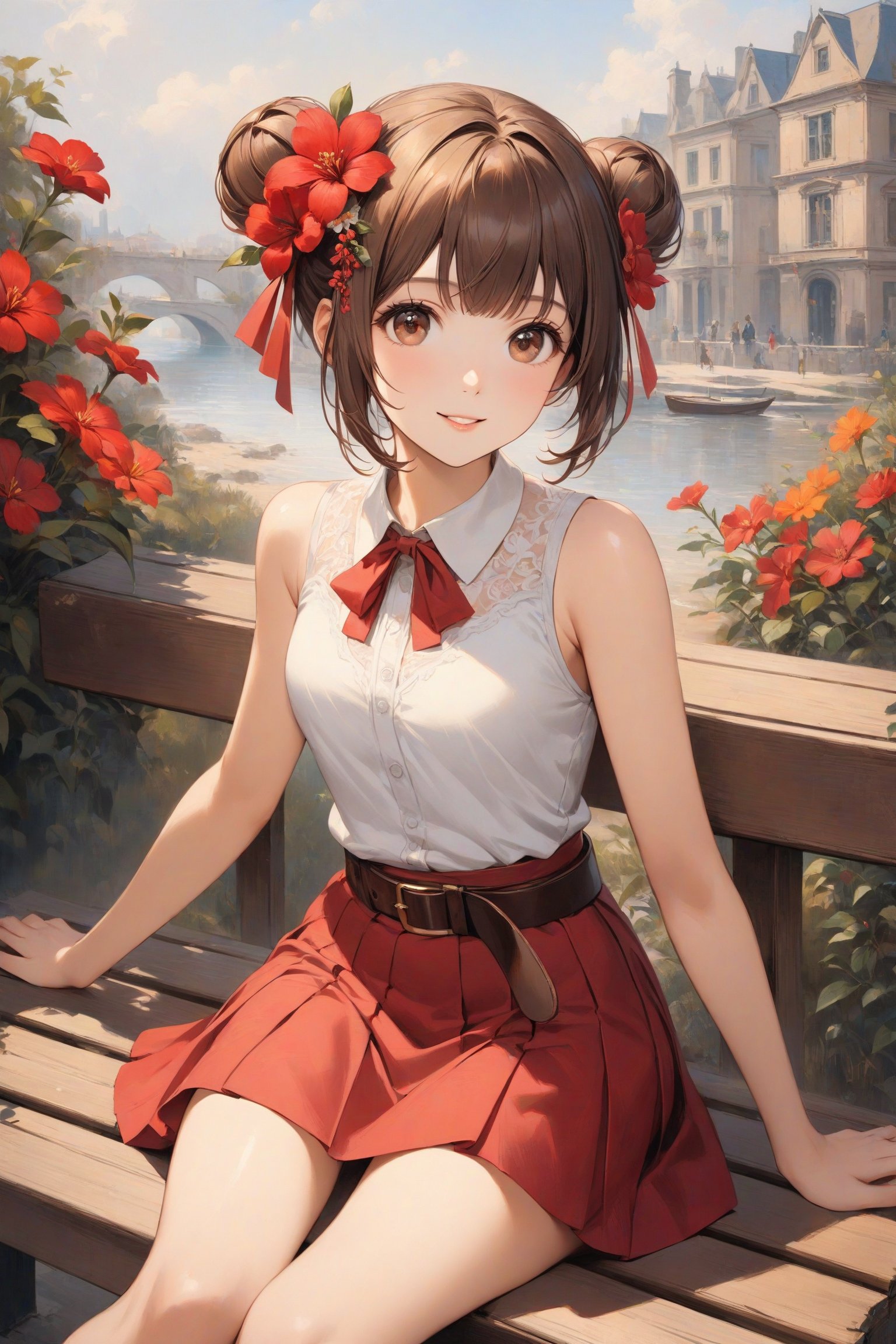 1girl, solo, breasts, looking at viewer, smile, short hair, bangs, skirt, brown hair, shirt, hair ornament, bare shoulders, brown eyes, sitting, white shirt, flower, outdoors, parted lips, sleeveless, day, belt, hair flower, hair bun, sleeveless shirt, double bun, red skirt, red flower, bench, hands on lap, fine art parody, oil painting style