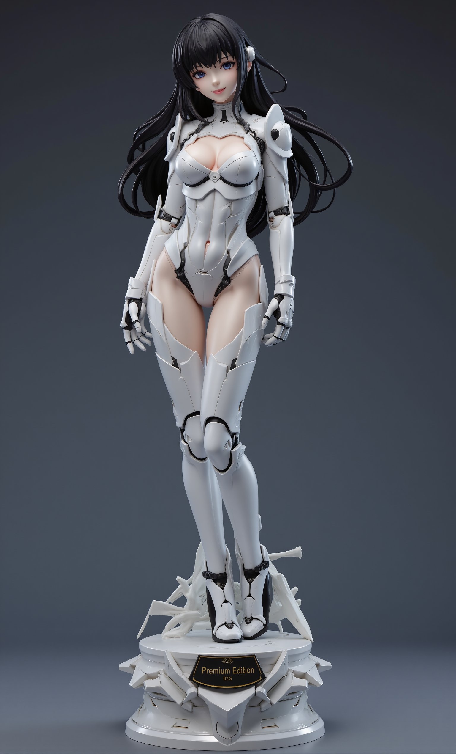 Porcelain figure about a very beautiful girl, black hair, hime cut, black eyes, ((porcelain texture:1)), elegant, full body, mecha girl, smiling, \(perfect anatomy)\, futuristic design, highly detailed, is on a pedestal, sexy pose, looking at the viewer, masterpiece, 8k, stunning image, on the pedestal is a plaque that reads "Premium Edition." .