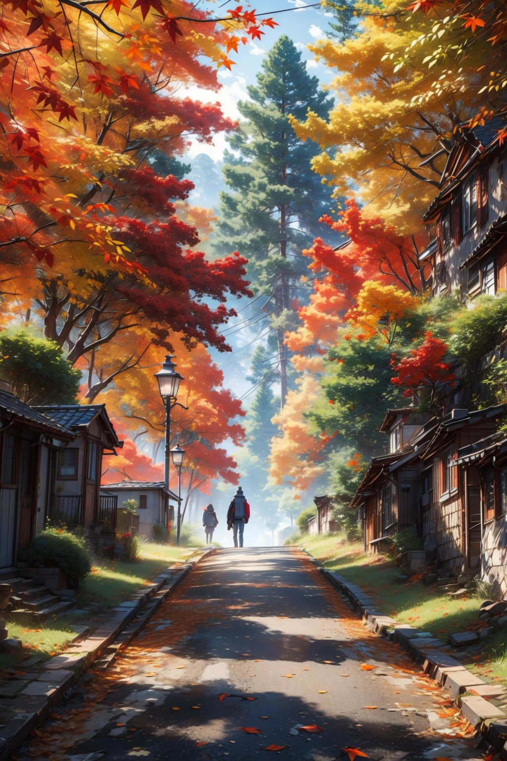 Captured at eye-level, a medium-angle shot captures a vibrant autumn scene. The trees are adorned with a mix of red and orange leaves, adding a pop of color to the scene. In the foreground, a cobblestone road curves along the edge of the road, adding depth to the composition. To the right, a tall tree stands out against the backdrop of the scene, its leaves adding a touch of contrast to the overall composition.