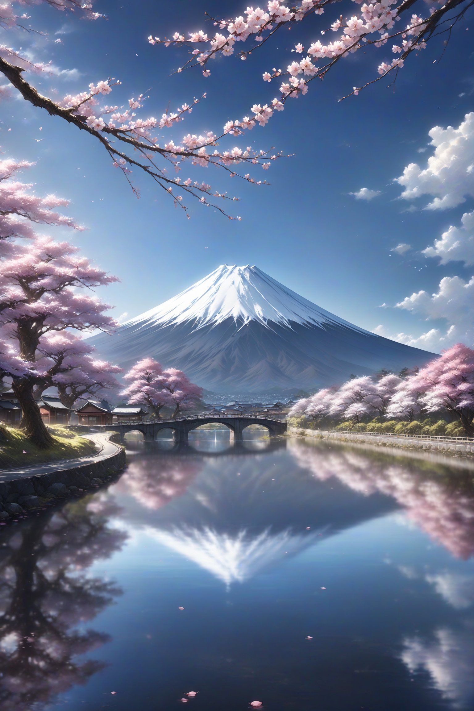 outdoors, sky, day, cloud, water, tree, blue sky, no humans, cherry blossoms, scenery, reflection, mountain, road, bridge, river, lake, mount fuji, digital art, professional style, detailed image, masterpiece quality, attractive image, Details