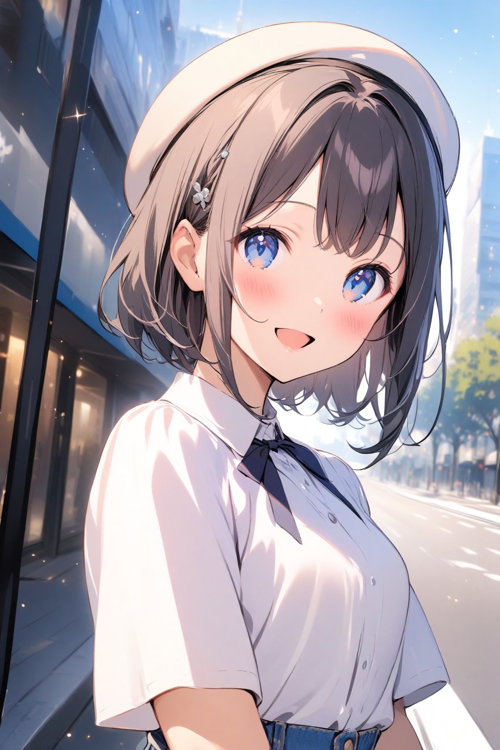 1girl, solo, long hair, looking at viewer, blush, smile, bangs, jeans, black hair, white shirt, short sleeves, bow, city in background, open mouth, standing, blue eyes, smile, happy, upper body, wlaking in sidewalk, silver hairpin, beret, outdoors, pink nails, pixie cut hairstyle, masterpiece, light particles.