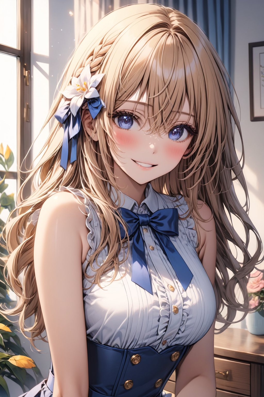 1girl, solo, long hair, breasts, looking at viewer, blush, smile, bangs, blue eyes, skirt, blonde hair, shirt, hair ornament, dress, bow, ribbon, hair between eyes, bare shoulders, medium breasts, standing, hair ribbon, white shirt, braid, flower, frills, parted lips, sleeveless, indoors, hair flower, bowtie, grin, blue skirt, window, blue bow, blue ribbon, underbust, blue bowtie