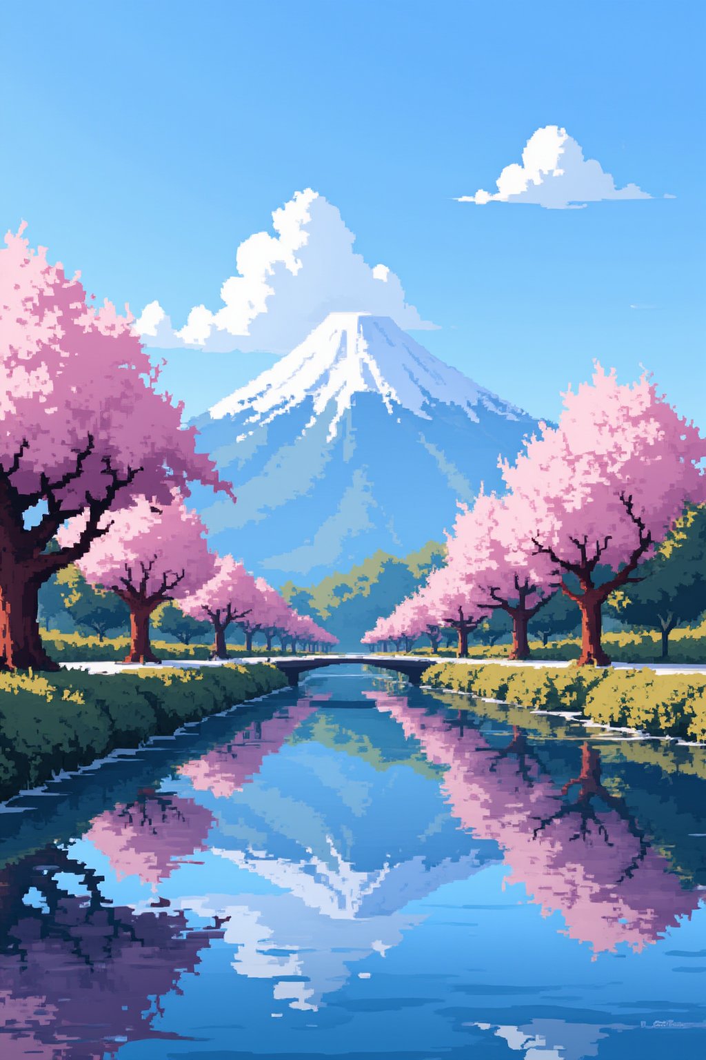 outdoors, sky, day, cloud, water, tree, blue sky, no humans, cherry blossoms, scenery, reflection, mountain, road, bridge, river, lake, mount fuji, realistic, digital art, professional style, detailed image, masterpiece quality, attractive image, Pixel Art.