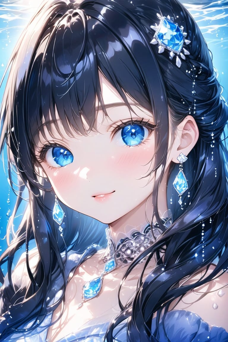 1girl, solo, long hair, twintail hairstyle, looking at viewer, blush, bangs, black hair ornament, jewelry, blue eyes, wavy hair, earrings, cute outfit, parted lips, blurry, eyelashes, ((masterpiece: 2)), excellent quality, light particles, water drop, ((stunning_image: 1.5)), Anime art style.