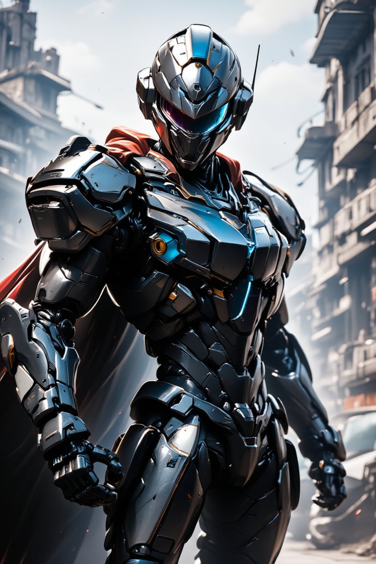 1boy, mecha, ((realistic image: 2)), mecha armor, helmet, realistic, epic textures, realistic textures, ((full body)), cape, city in background, stunning image, badass, pretty detailed image, masterpiece, looking at viewer, epic character, professional style.