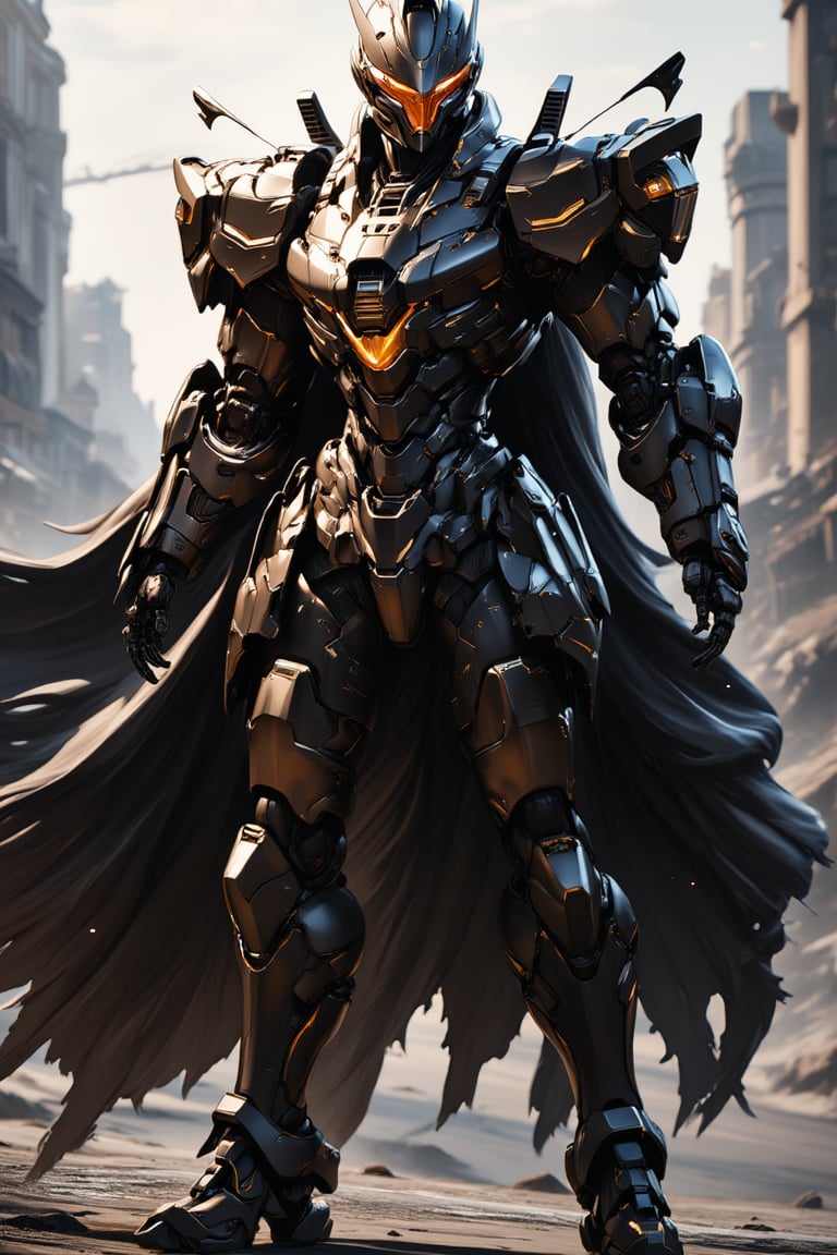 1boy, mecha, ((realistic image: 2)), mecha armor, helmet, realistic, epic textures, realistic textures, ((full body)), cape, city in background, stunning image, badass, pretty detailed image, masterpiece, looking at viewer, epic character, professional style.