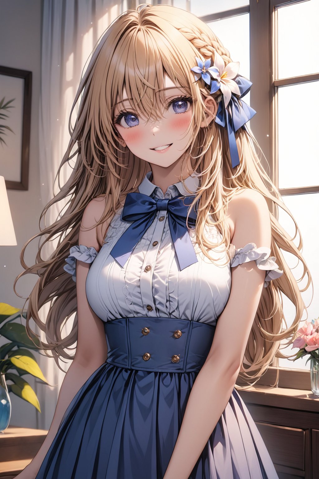 1girl, solo, long hair, breasts, looking at viewer, blush, smile, bangs, blue eyes, skirt, blonde hair, shirt, hair ornament, dress, bow, ribbon, hair between eyes, bare shoulders, medium breasts, standing, hair ribbon, white shirt, braid, flower, frills, parted lips, sleeveless, indoors, hair flower, bowtie, grin, blue skirt, window, blue bow, blue ribbon, underbust, blue bowtie