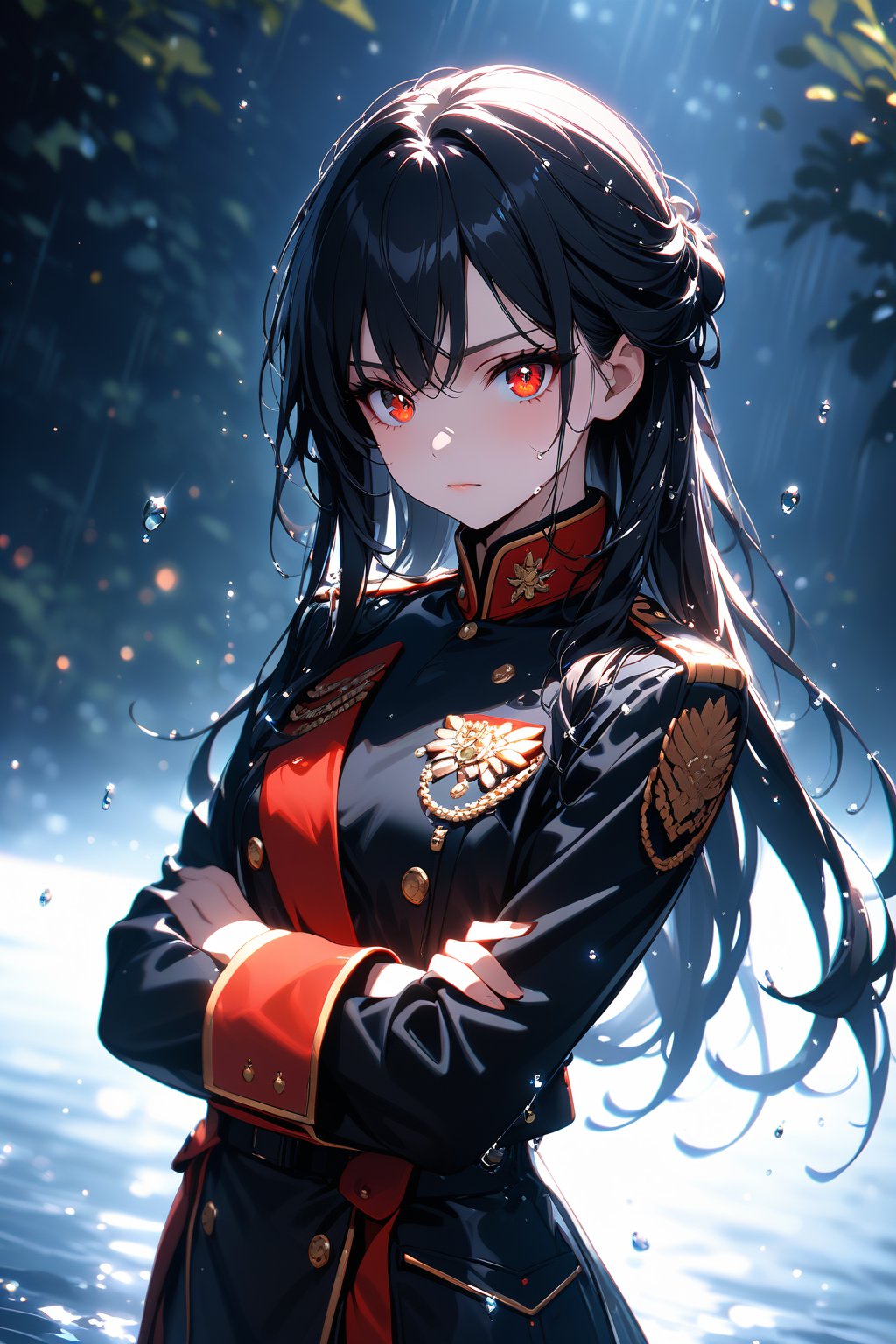 Beautiful girl. She is very badass, she wears a very luxurious military uniform. detailed image, detailed skin, upper body, standing, looking at viewer, red eyes, glowing eyes. White background, water drop, ((masterpiece: 1.2)), light particles, light particles in background, black hair, long hair, folding arms.