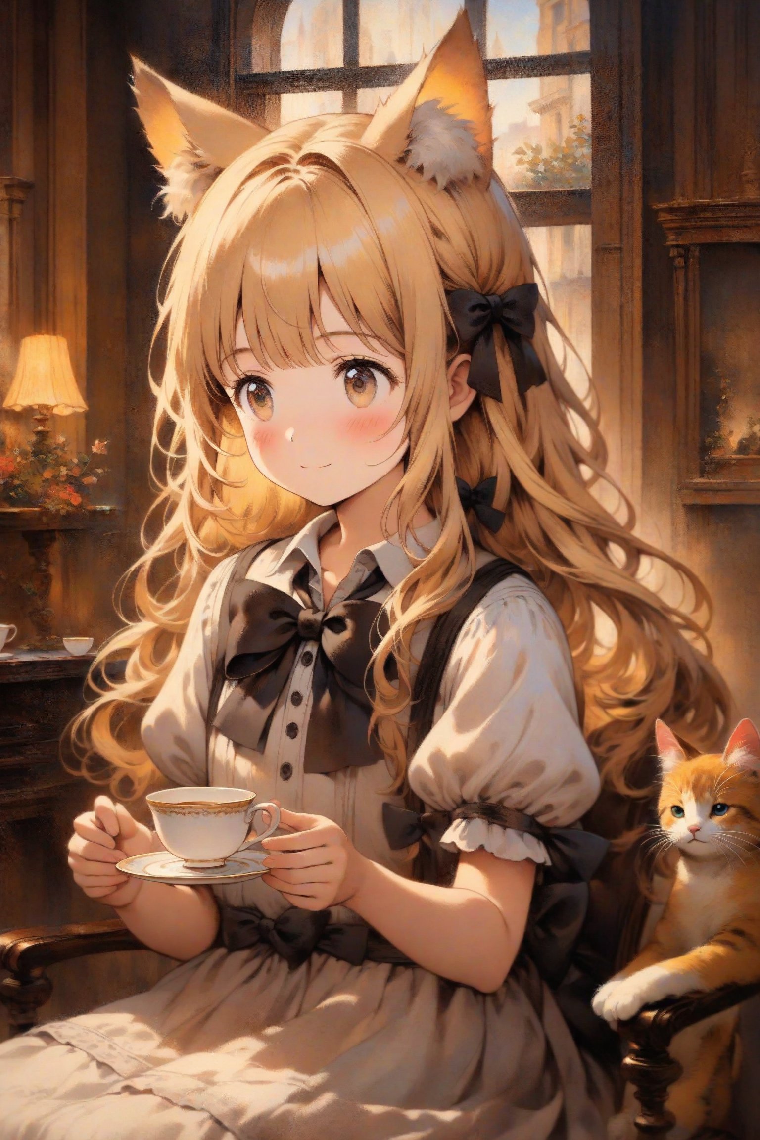 A young blonde girl with long hair and bangs sits comfortably on a chair, wearing a white collared shirt with puffy short sleeves and a black bow tied around her neck. Her face is aglow with a gentle blush and a warm smile, as she holds a teacup and saucer in her hands. Her eyes are closed, and extra cat ears sprout from the top of her head, complete with fluffy ear fluff. A black ribbon wraps around her hair, tied in a neat bow at the back. She appears to be lost in thought, surrounded by the cozy atmosphere of an indoor setting with a window in the background, fine art parody, Oil painting style.