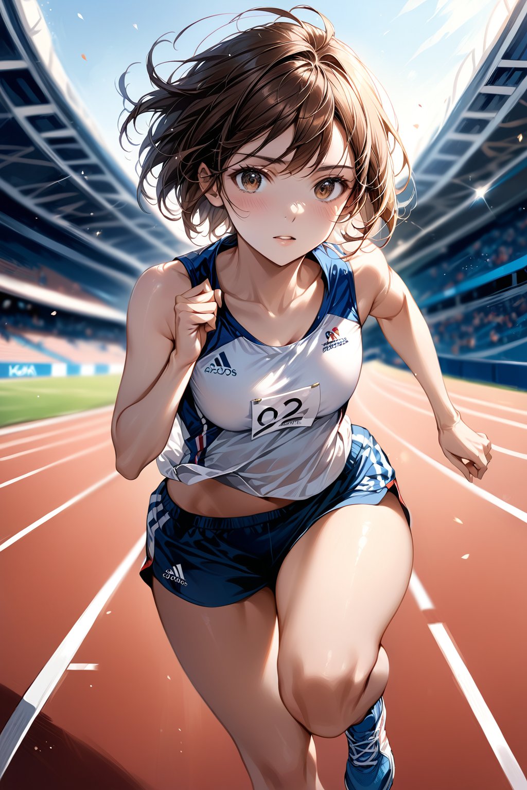 A girl (brown eyes, brown hair, short hair, athletic clothes), looking at viewer, running, she is running on an athletic track, France 2024 Olympics///digital art, professional style, detailed image, detailed skin, blush, realistic eyes, ((masterpiece quality: 2)), light particles, attractive image.