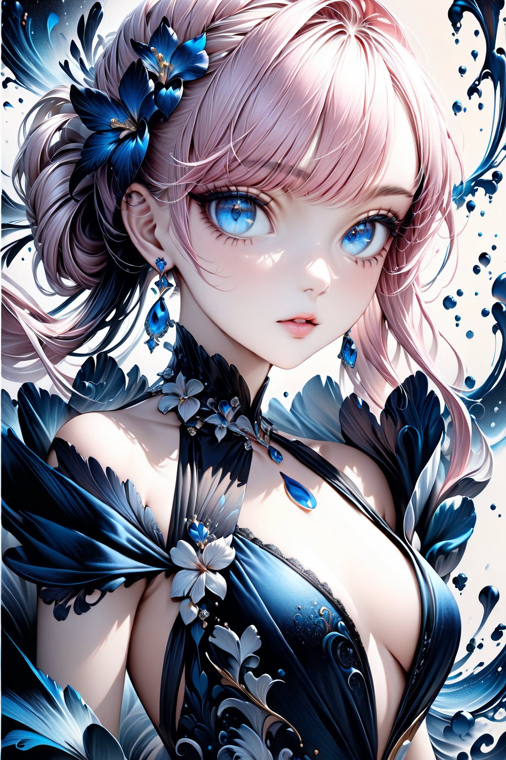 Very Beautiful girl. She is very badass, she wears a very fancy evening dress, looking at viewer, detailed image, detailed skin, ((stunning image: 2)), Elegant hairstyle, blue eyes, pink hair, ink bubbles in background, ink droplets, ((masterpiece: 2)), ink art, ((fine art parody: 1.5)), Beautiful Eyes, Beautiful eyes