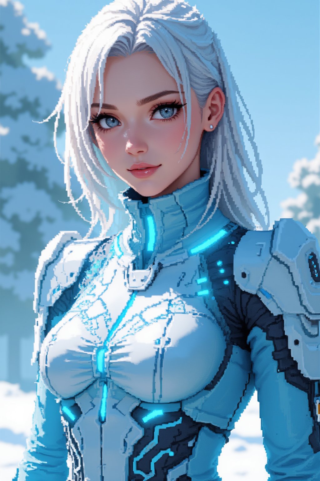 Best picture quality, high resolution, 8k, sharp focus, image of elegant lady, supermodel, pure white hair, blue eyes, wearing high-tech cyberpunk, radiant Glow, sparkling suit, mecha, perfectly customized high-tech suit, ice theme, custom design, 1girl, swordup, looking at viewer, Pixel Art.