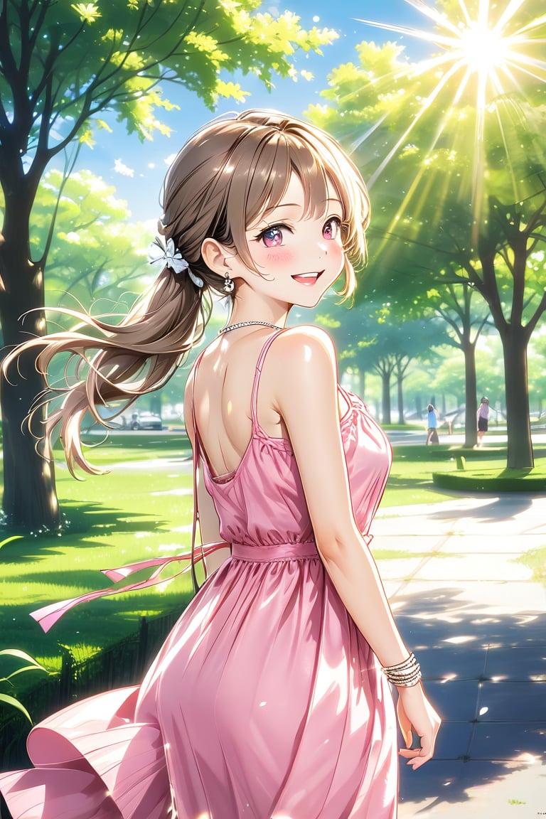 Very pretty girl, casual outfit (silver earrings, pink summer dress, gold hairpin, bare shoulders, bracelets), ponytail hairstyle, masterpiece quality, big park in background, it's days, sunny, sun rays, trees, walking, looking at viewer, little smile, medium shot, stunning image, light particles, Anime style.