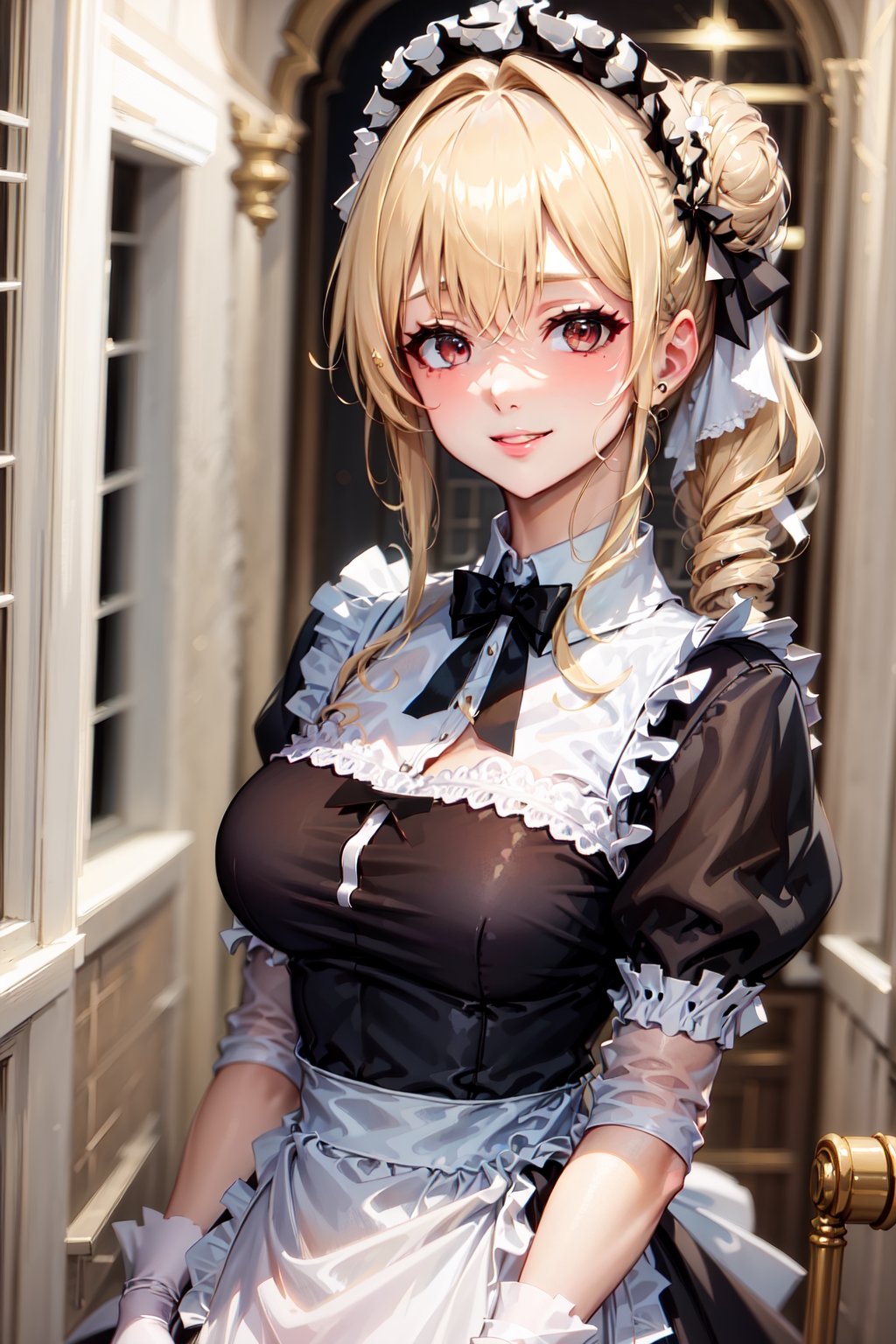Pretty and charming girl. She wears a very elegant maid oufit (black maid dress, white apron for maid, maid hat, maid bow tie, maid gloves, maid stockings, high heel shoe for maid). She is a very cute girl. Hyperdetailing masterpiece, hyperdetailing skin, masterpiece quality, with 4k resolution. Charming smile. long hair, himecut hairstyle, blonde hair. Mansion corridor in background. She belongs to the nobility. bun hairstyle. tender and charming smile.
