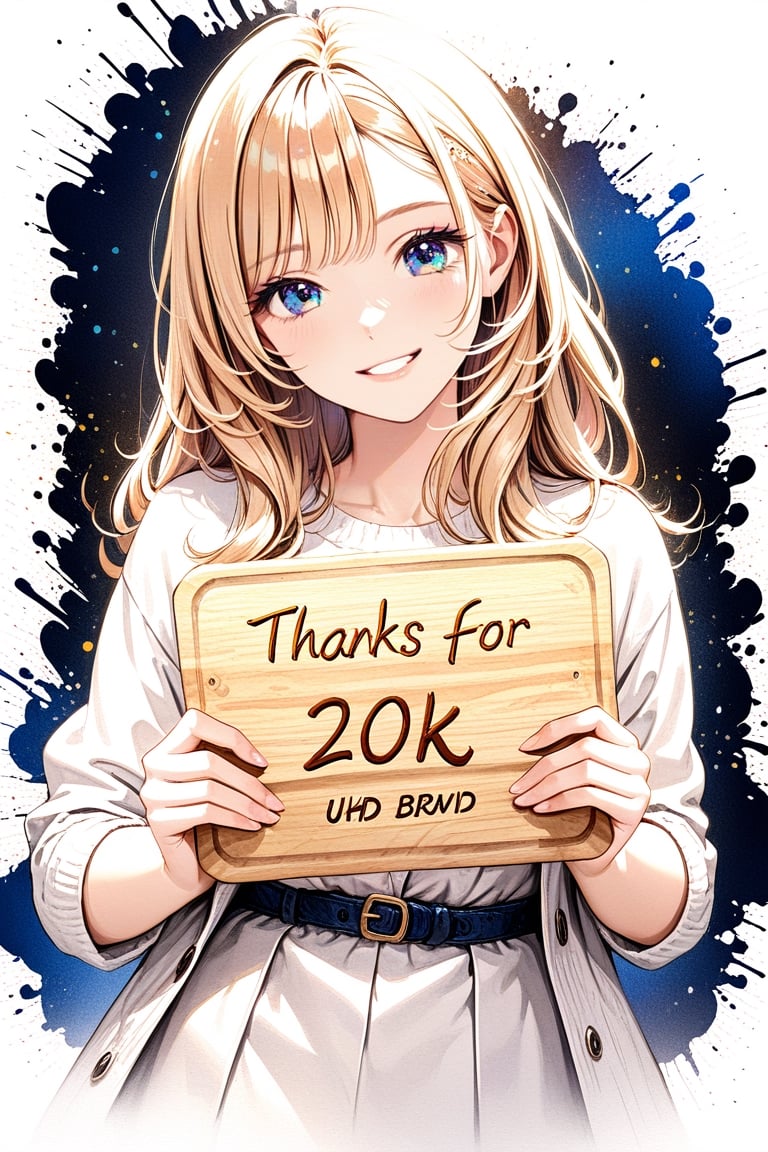 Very beautiful girl holding a board with text "Thanks for 20K" text, illustration, detailed, realistic, UHD, beautiful detailed eyes, beautiful detailed, Warmly smile.,Text,Ink art