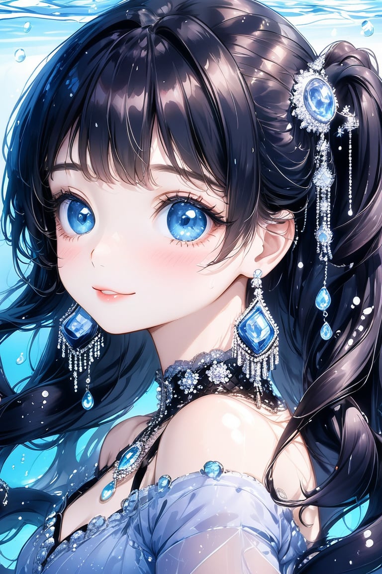 1girl, solo, long hair, twintail hairstyle, looking at viewer, blush, bangs, black hair ornament, jewelry, blue eyes, wavy hair, earrings, cute outfit, parted lips, blurry, eyelashes, ((masterpiece: 2)), excellent quality, light particles, water drop, ((stunning_image: 1.5)), Anime art style.