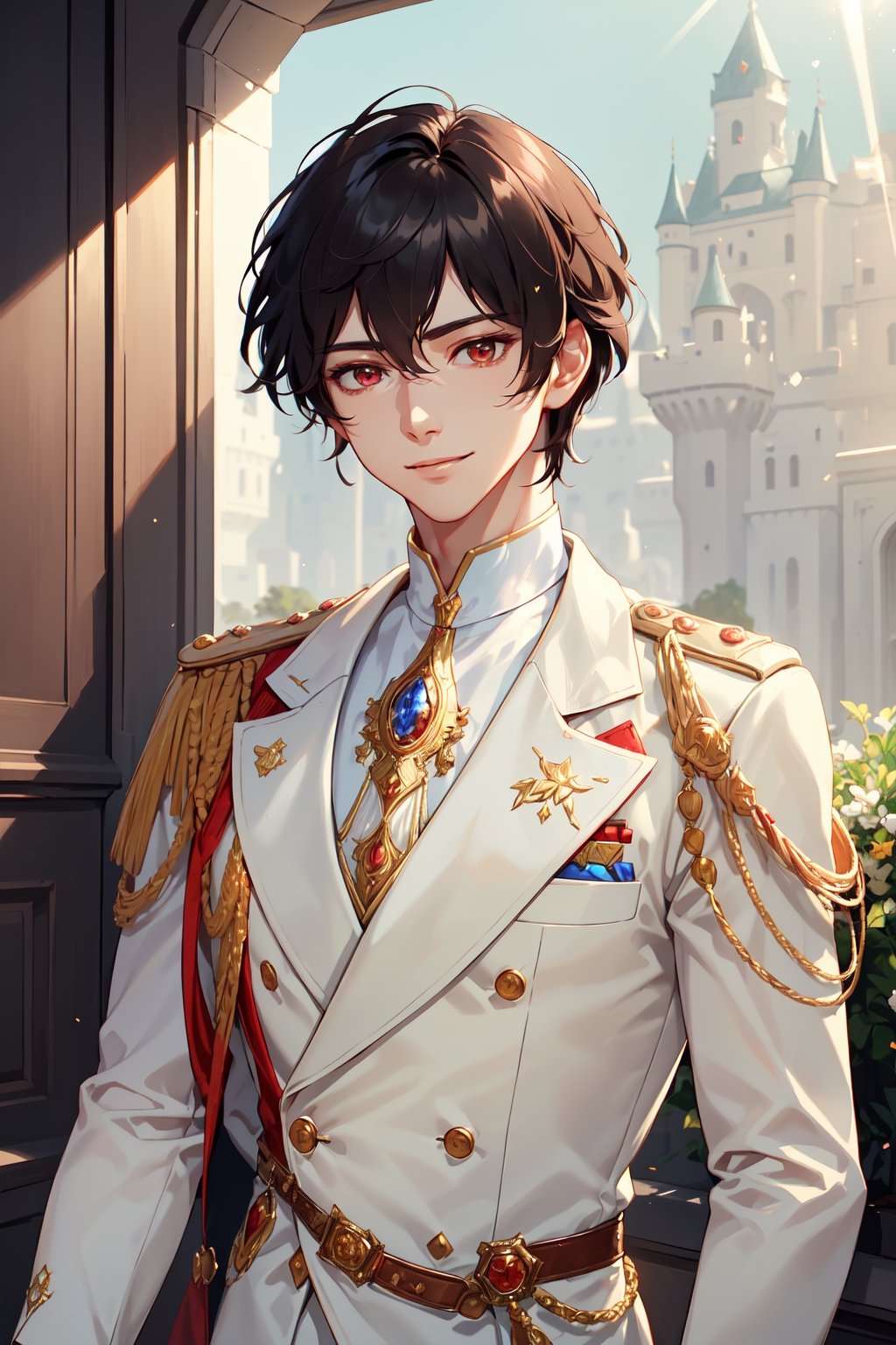 Very handsome and chaming boy, male focus, warm smile, brown short hair. He wears a very elegant prince outfit (white long sleeve shirt, white pants, white 19th century military blazer, black gloves, golden cloth shoulder pads). Beautiful skin. Beautitul and detailed eyes. red eyes. His eyes shine, his hair looks nice and shines too. Tidy hair hairstyle. he's walking in fantasy luxurious palace. Sunny day. Masculine appearance, neat. Detailed face. 1boy. ((light particles: 1)), ((upper body: 2)), castle, sun rays, sunlight, majestic backgound, ((stunning_image: 2)).